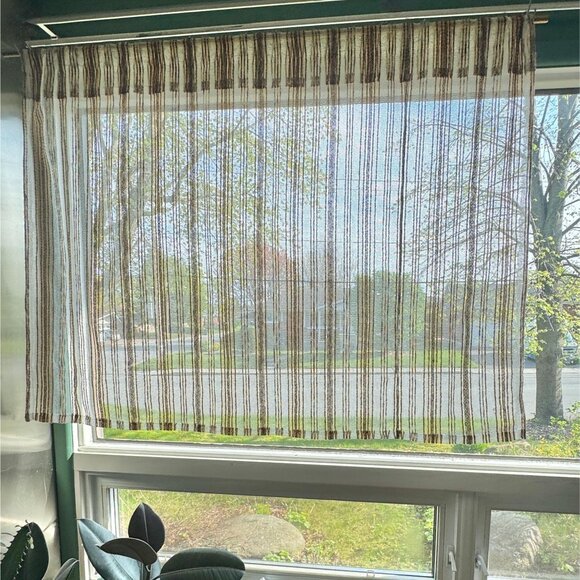 Vintage 70s curtains, beige, brown, tan, blue stripes, rod header, pair - Picture 8 of 10